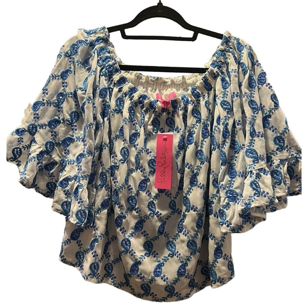 New Lilly Pulitzer Baha Blue Paisley Sequin Blouse Size Medium MSRP 158.00
